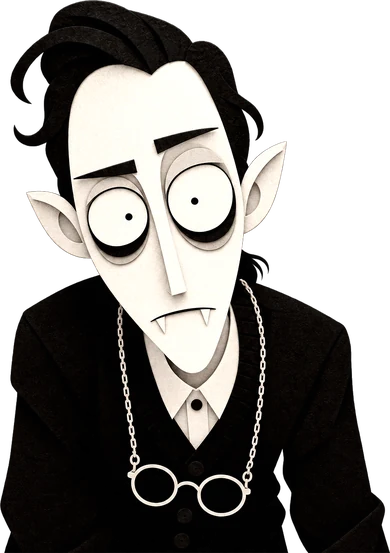Aspen, a pale vampire in a cardigan, staring with wide eyes